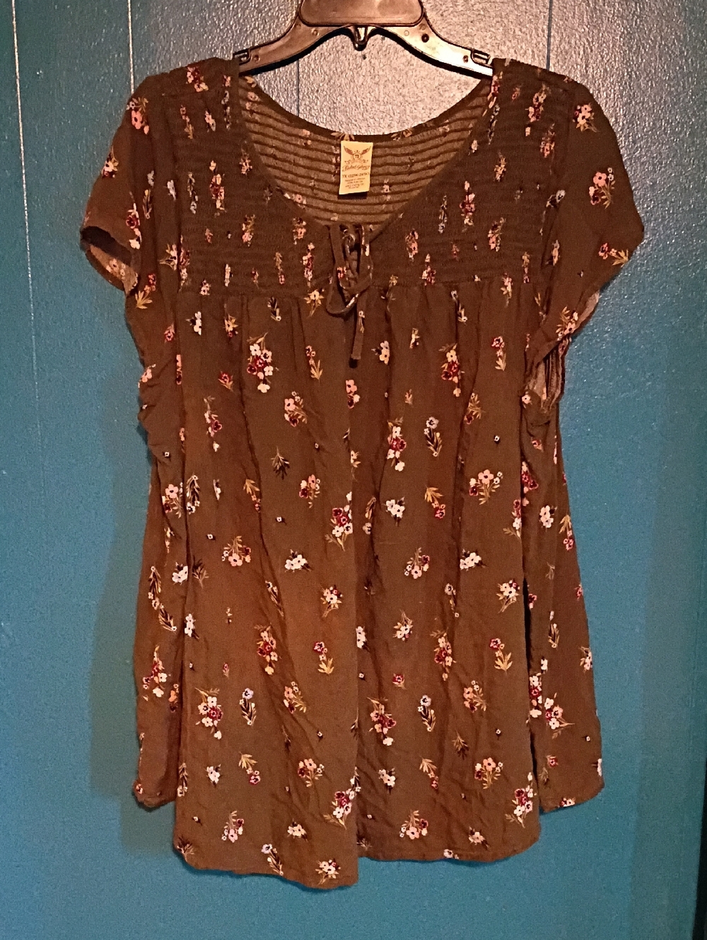 Faded Glory Olive Floral Tie-Front Short Sleeve Tunic